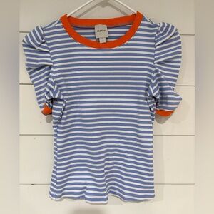 Striped Puff Sleeve Top with Orange Accents